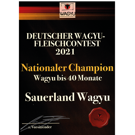Deutscher Wagyu Fleischcontest 2021, Nationaler Champion, Wagyu bis 40 Monate, Wagyu Sauerland